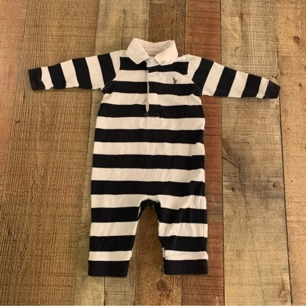 Ralph Lauren baby boy white and navy blue striped one piece outfit -6M